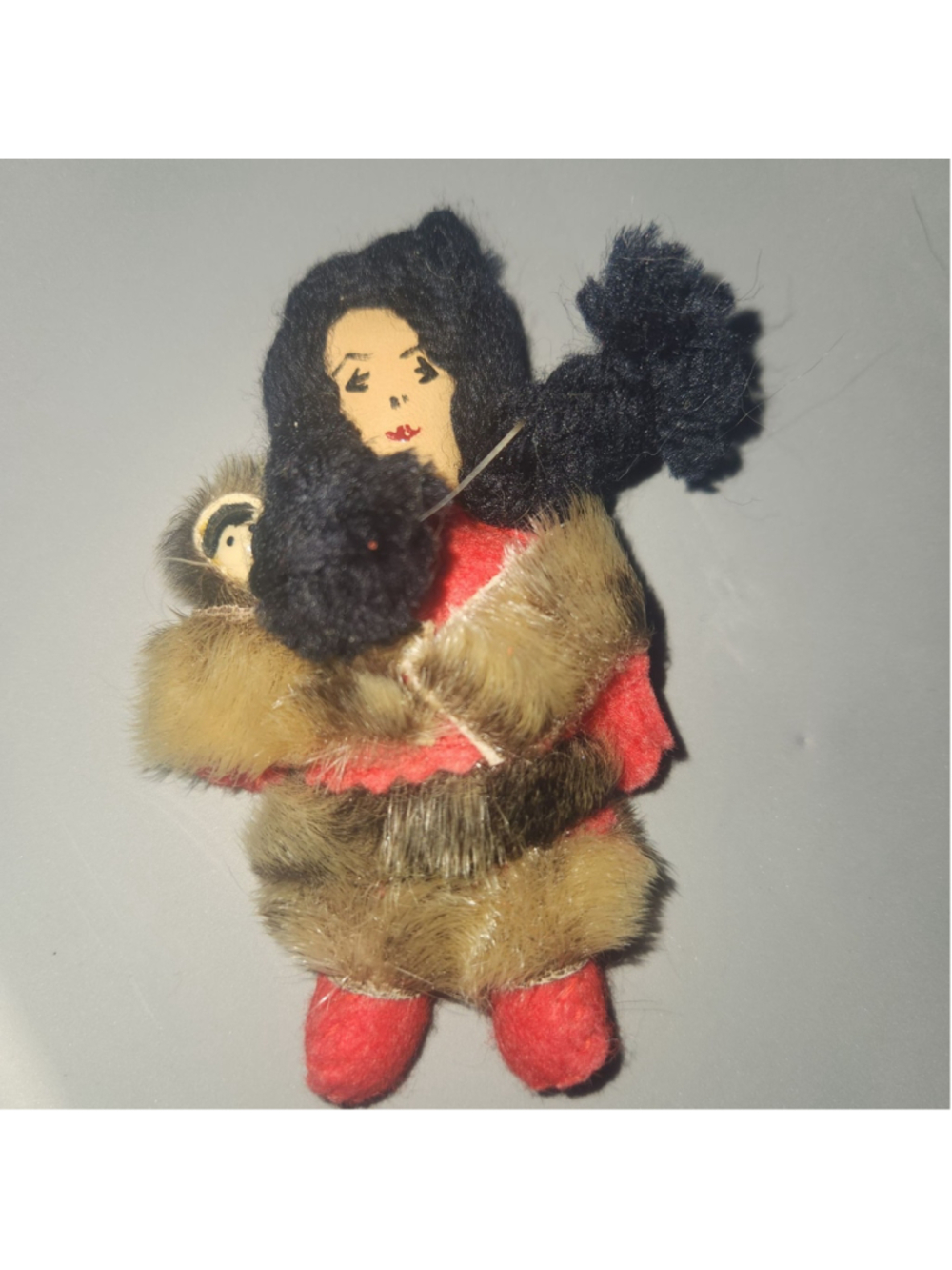 4 inch Inuit Eskimo Doll with Papoose Fur Leather Alaska Native Folk Art